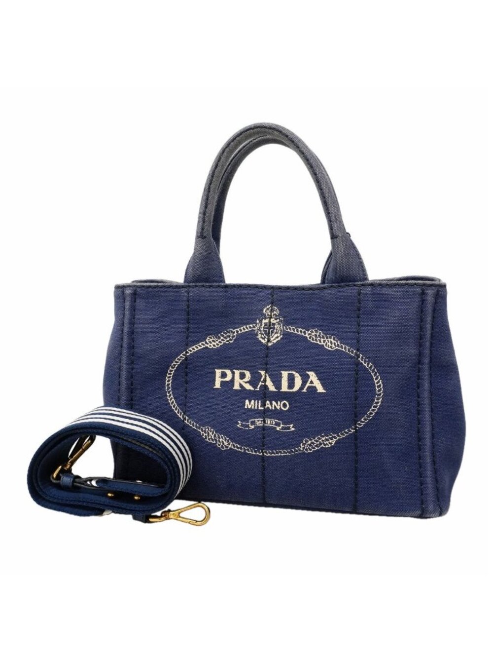Prada Tote Bag Canapa Canvas Blue Gold 2-Way